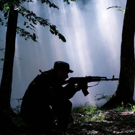 Ein Soldat mit Waffe im Wald
