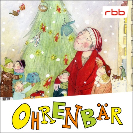 Bunte Zeichnung: Richard im roten Bademantel, umarmt zwei Kinder, im Hintergrund ein großer Weihnachtsbaum, Häuser, Tiere und Menschen (Quelle: rbb/OHRENBÄR/Daniela Bunge)