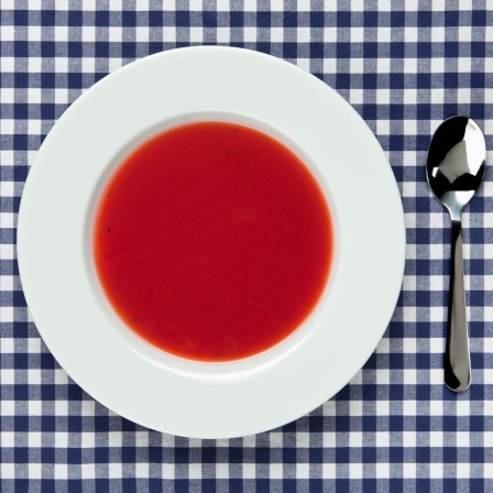 Auf einem Tisch mit blau-karierter Tischdecke steht ein weisser Teller mit Tomatensuppe. Daneben ein Löffel.