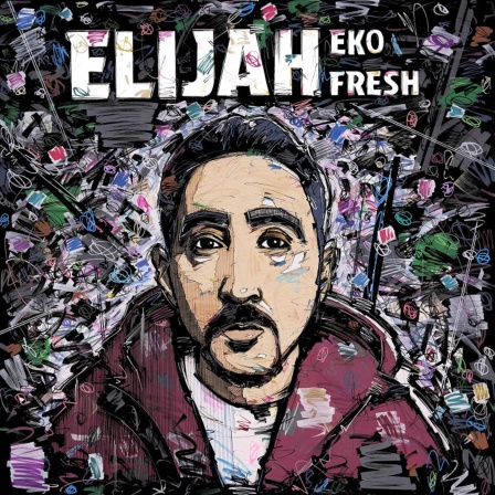 Cover des Albums "Elijah" von Eko Fresh: Kreidezeichnung von Eko Fresh mit rotem Hoodie; Schirftzug Elijah und Eko Fresh am oberen Rand