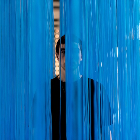 Eine Gestalt hinter blauem "Vorhang" von uneindeutiger Textur. In einem Spalt ist deutlich ein Ohr zu erkennen.