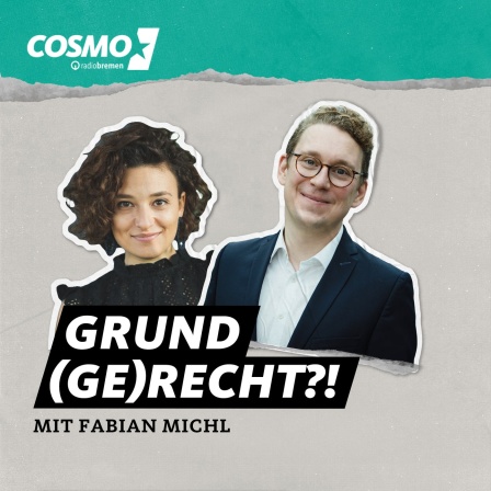 Die Moderatorin des Podcastes ist vor grau-grünem Hintergrund mit ihrem Gast zu sehen.