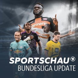 Die Grafik des Podcasts "Sportschau Bundesliga Update" mit Leipzigs Simons (v.l.), Bayerns Tel, Leverkusens Boniface, Stuttgarts Guirassy und Dortmunds Füllkrug.