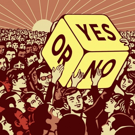 Die Illustration zeigt viele Menschen, die einen Würfel hochhalten, auf dem "Yes" und "No" steht.