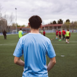 Ein Jugendlicher sieht seinen Teammitgliedern beim Fußballspielen zu.