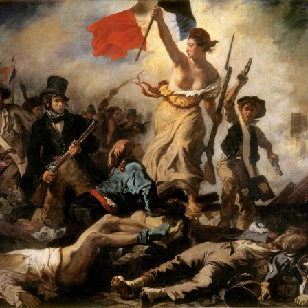 Gemälde "Die Freiheit führt das Volk" von Eugène Delacroix mit bewaffneten Revolutionären und einer Frau, die die Tricolore schwingt.