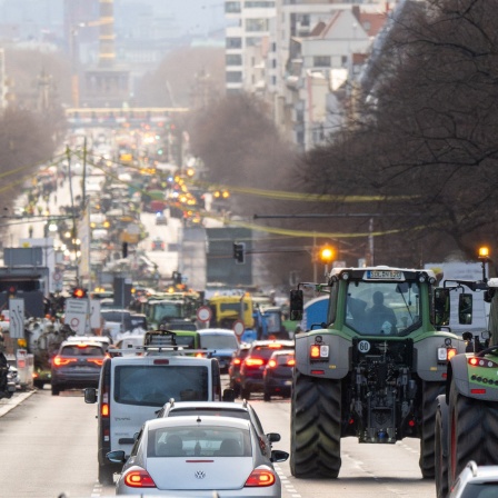 Berlin: Zahlreiche Traktoren, Lastwagen und Autos fahren am Morgen über den Kaiserdamm in Richtung Siegessäule.
