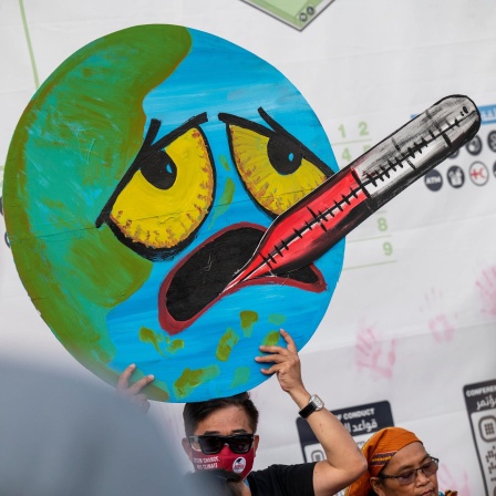 Bei einem Protest beim UN-Klimagipfel COP27 trägt ein Teilnehmer ein Plakat mit einer Erde, die leidend ein Thermometer, das hohes Fieber anzeigt, im Mund hält.