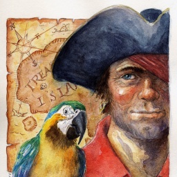 Porträt eines Piraten mit einem Papagei und Schatzkarte, Illustration von Didier Pizzi