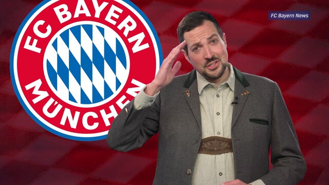 Ein Mann mit Lederhose vor dem Vereinsemblem des FC Bayern München