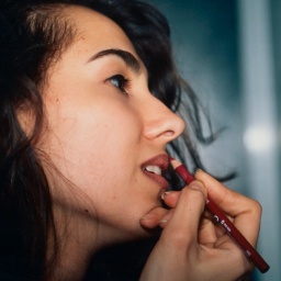 Eine schwarzhaarige Frau trägt Lippenstift auf.