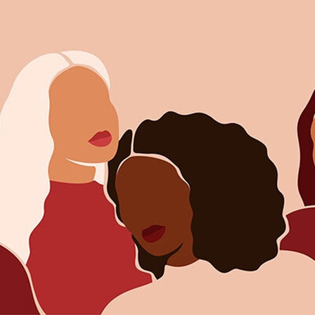 Illustration: Frauen verschiedener Ethnien und Kulturen stehen sich scheinbar überlagernd nebeneinander.
