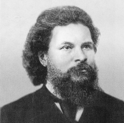 Der russische Komponist Modest Petrovich Mussorgsky in einem schwarz-weiß Portrait