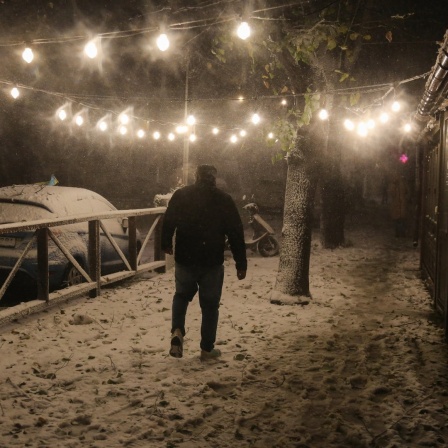 Ein Mann geht in einem starken Schneesturm durch die Sadovaya-Straße in Odessa.