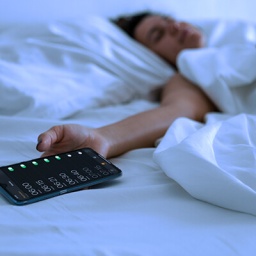 Eine Frau liegt mit ausgestrecktem Arm auf dem Bett und hält ein Smartphone in der Hand, auf dem viele Weckzeiten eingestellt sind.