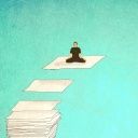 Eine Illustration eines in Schwarz gekleideten Mannes, der auf einem Papier durch die Lüfte schwebt, darunter ein Papierstapel, von dem weitere Blätter aufsteigen