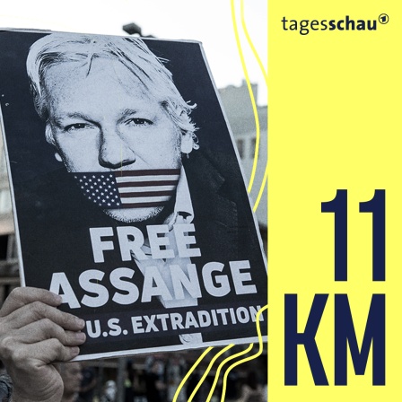Plakat auf einer Demonstration zur Unterstützung von Julian Assange und gegen seine Auslieferung an die USA.