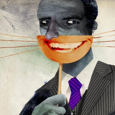 Collage eines Mannes im Anzug, der eine Maske mit einem lachenden Mund vor sich hält.