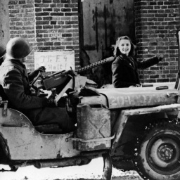 Eine junge Frau zeigt in einem Jeep sitzenden amerikanischer Soldaten eine Wegrichtung. Fotoaufnahme aus dem Jahr 1945.