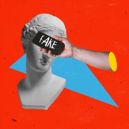 Zeitgenössische Kunst-Collage. Antike Statuenbüste und Telefonbildschirm, der die Augen mit Fake-News-Schriftzügen verdeckt.