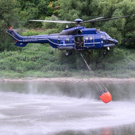 Ein Hubschrauber der Bundespolizei nimmt mit einem Löschwasser-Außenlastbehälter aus der Elbe Wasser auf um einen Brand im Nationalpark Sächsische Schweiz zu löschen.