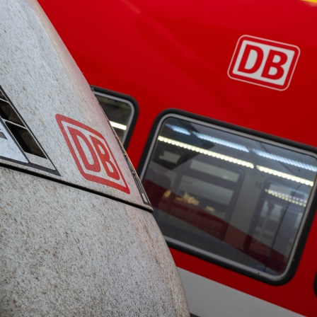 Das Logo der Deutschen Bahn ist auf einem ICE-Zug und auf einer Regionalbahn zu sehen (Bild: dpa / Peter Kneffel)