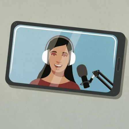 Illustration eines Smartphones auf dessen Display eine Frau mit Radiomikrofon zu sehen ist