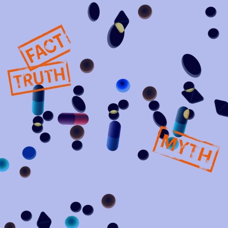 Blauer Hintergrund, zentral im Bild die Buchstaben HIV und Stempelabdrücke "Fact, Truth, Myth", Buchstaben lösen sich weiter auf