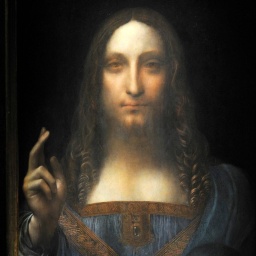 Leonardo da Vinci’s Salvator Mundi vor schwarzem Hintergrund.