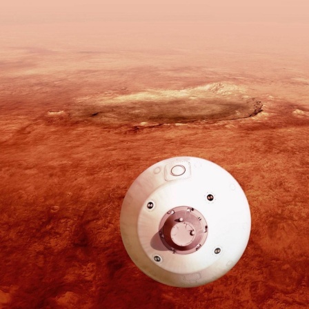 Der NASA Aeroshell, die den Rover und die Abstiegsstufe umschließt, bei dem Anflug auf dem Mars. 2021 soll sie landen.