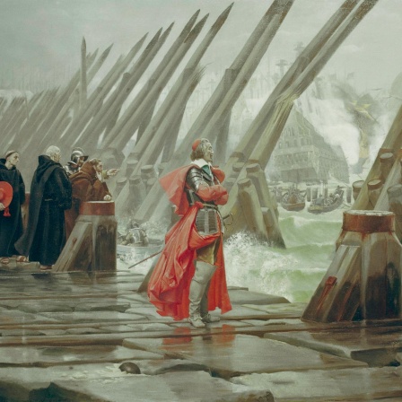Kardinal Richelieu besichtigt den Damm, den er bauen ließ, um der Stadt den Zugang zum Meer abzuriegeln. 