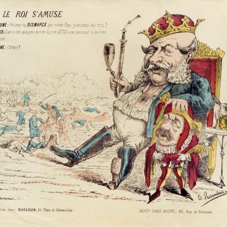  Le roi s’amuse", "Der König amüsiert sich": Der preußische König Wilhelm I. und Otto von Bismarck - auf einer französischen Karikatur von 1870
