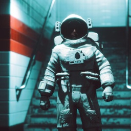 Ein Astronaut in einer dunklen U-Bahn-Station.