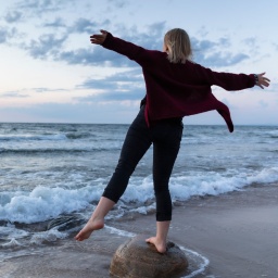 Eine Frau balanciert auf einem Stein am Meeresufer.