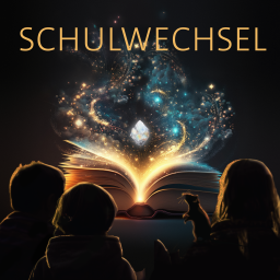 Drei Kinder und eine Ratte sitzen vor einem leuchtenden Buch – darüber das Wort „Schulwechsel“