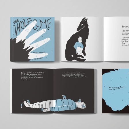Die Fotografie zeigt den Titel und einige Doppelseiten aus der Graphic Novel "The Wolf and me", unter anderem eine junge Frau, die von der Silhouette eines Wolfes umschlungen wird.