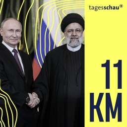 Russlands Präsident Wladimir Putin (l.) und Irans Präsident Ebrahim Raisi geben sich bei einem Treffen in Moskau die Hand. 