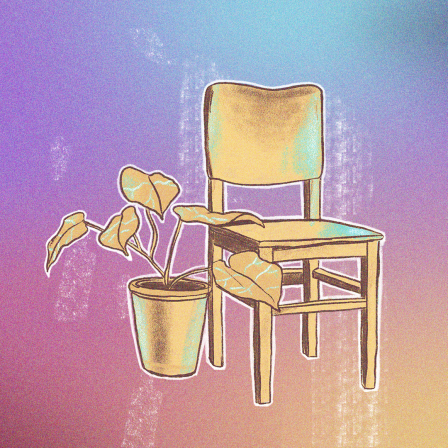 Gezeichnetes Motiv: ein Stuhl mit einer Topfpflanze daneben 
