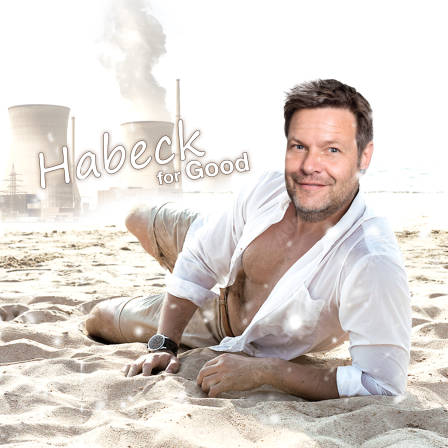 Bildmontage: Robert Habeck räkelt sich mit offenem Hemd lasziv am Strand - im Hintergrund ein Atommeiler