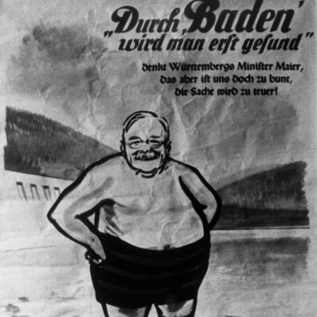 Wahlplakat der Altbadener für die Wahl zur Entstehung des neuen Südweststaats am 6.12.1951. Baden fühlte sich nicht ausreichend gewürdigt in der Zwangsehe mit Württemberg. Slogan: &#034;Durch Baden wird man erst gesund denkt Württembergs Minister Maier, das aber ist uns doch zu bunt, die Sache wird zu teuer!&#034;