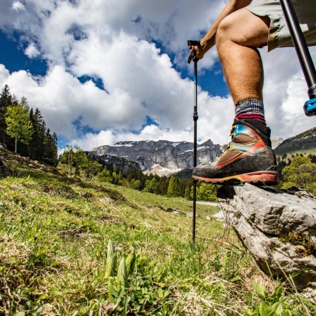 Wanderlust - Bein eines Wanderers, mit Bergschuh und Stöcken auf Stein im Gebirge