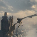 Ein Drache fliegt auf eine Burg zu in der Serie &#034;House of the Dragon&#034;