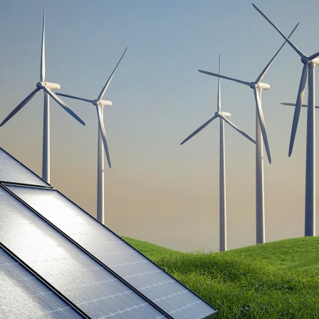 Eine Solaranlage mit Windrädern im Hintergrund stehen auf einer grünen Wiese 