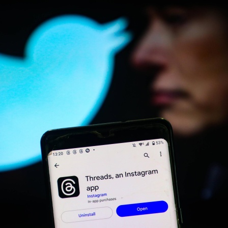 Zu sehen ist die App "Threads" auf einem Handy. Dahinter in der Unschärfe Elon Musk und das Twitter-Logo, der zwitschernde Vogel in hellem Blau.