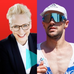 links: Bärbel Schäfer vor einem roten Hintergrund; rechts: Patrick Lange vor einem blauen Hintergrund