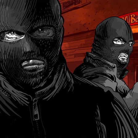 Grafik mit drei schwarz gekleideten Männern mit schwarzer Gesichtsmaske vor rotem Hintergrund