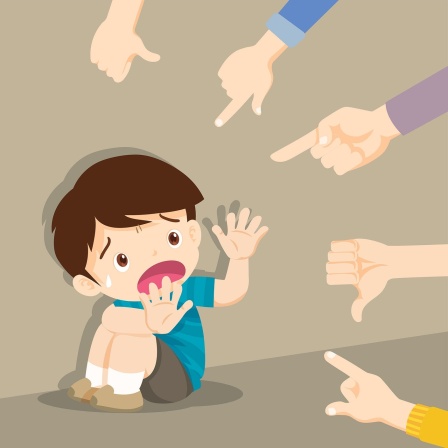 Zeichnung - Ein Kind hockt am Boden un hat Angst. Finger und Hände zeigen auf das Kind.