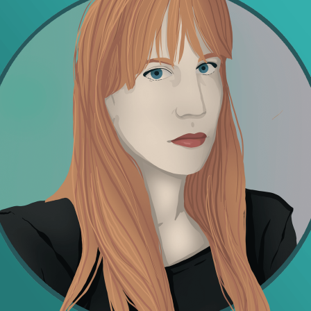 Die Illustration zeigt eine junge Frau mit langen roten Haaren und einem schwarzen Shirt.