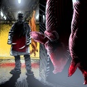 Kühlraum eines Schlachthofes mit hängenden Schweinehälften, in der Tür ein Mann mit zwei Messern; Illustration zum ARD RadioTatort &#034;Schlachten und Zerlegen&#034;