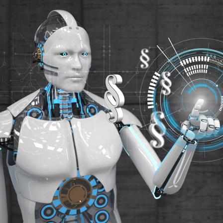Ein weißer humanoider Roboter wird von Paragrafenzeichen umschwirrt. 